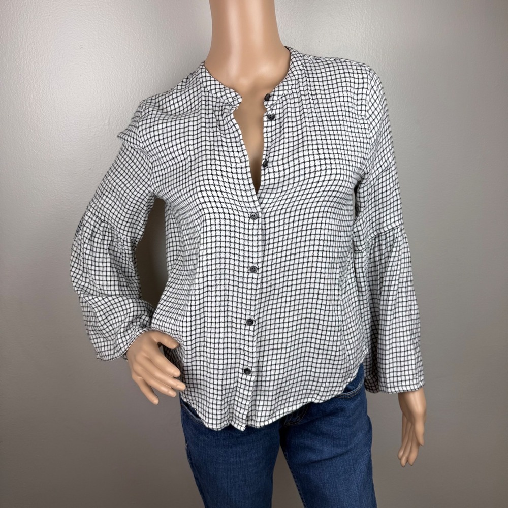 Madewell Women's Bell Sleeve Button Down Top Windowpane Sz S Boho Chic Timeless - Picture 3 of 9